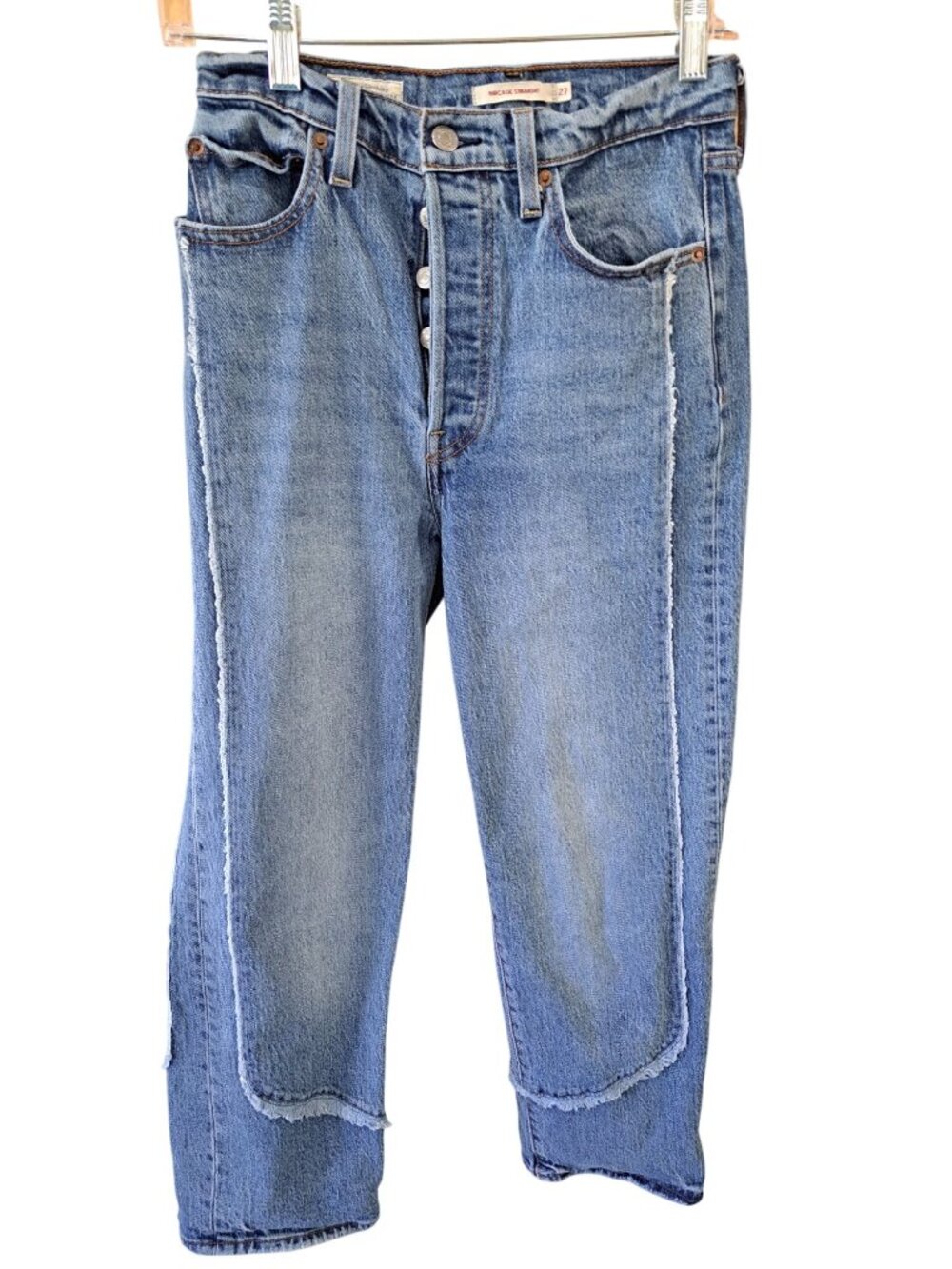Levis Ribcage Straight Jeans 27 Distressed Panel High-Rise Button-Fly Blue Denim